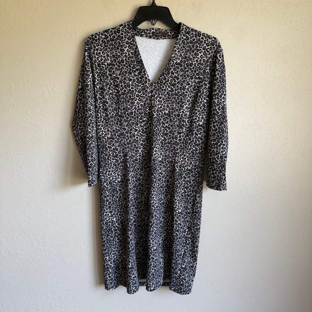 J.McLaughlin Catalina Cloth Black Gray Leopard Print Sheath Dress V-Neck Women M